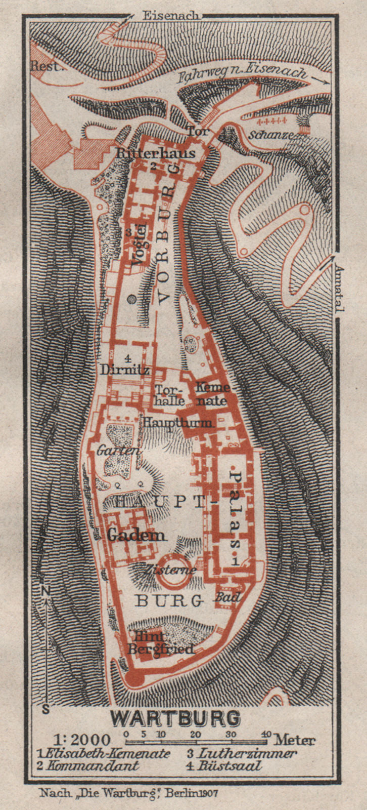 WARTBURG CASTLE ground plan. Eisenach, Thuringia. BAEDEKER 1910 old map
